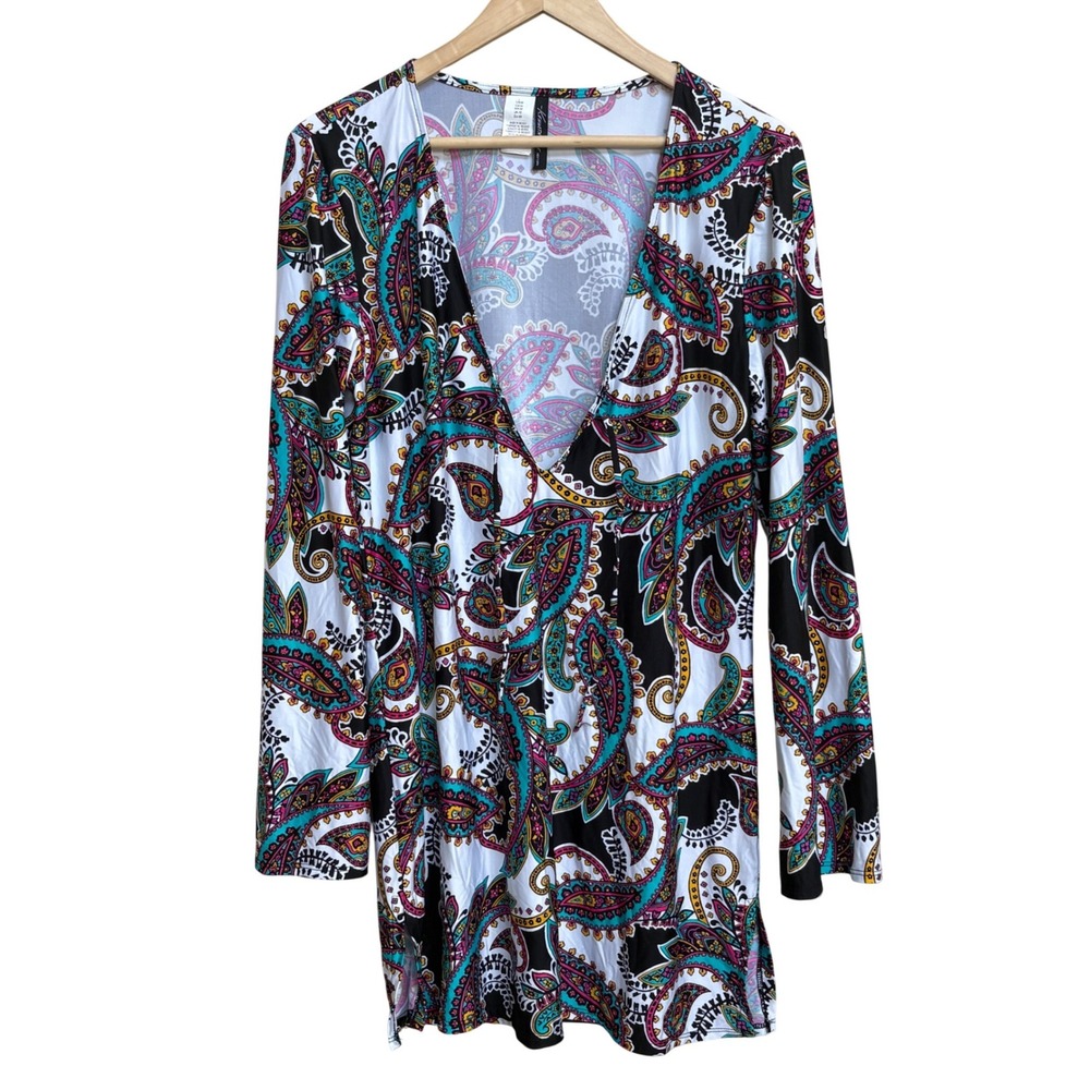 Kenneth Cole New York Womens Paisley Print V-Neck Long Sleeve Dress M - Picture 1 of 5